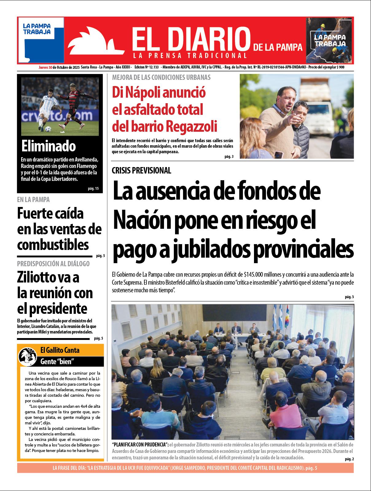 Tapa de El Diario en papel  jueves 30 de octubre de 2025